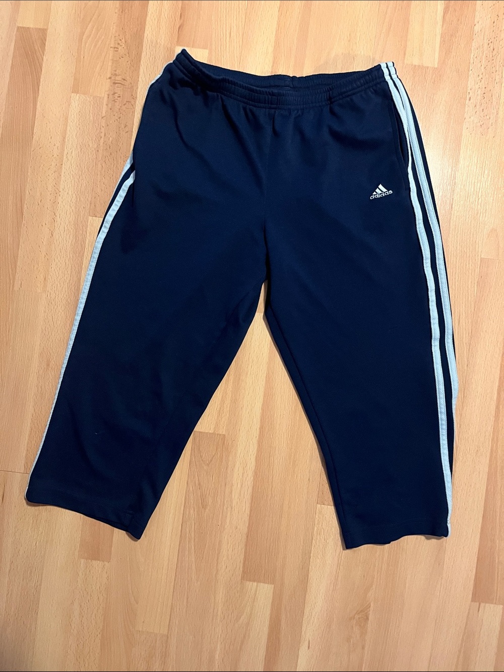 Adidas Capri Navy Blue Athletic Track Pants with Side Stripes
